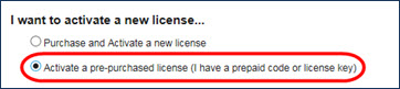 Activate pre-purchased license option screenshot